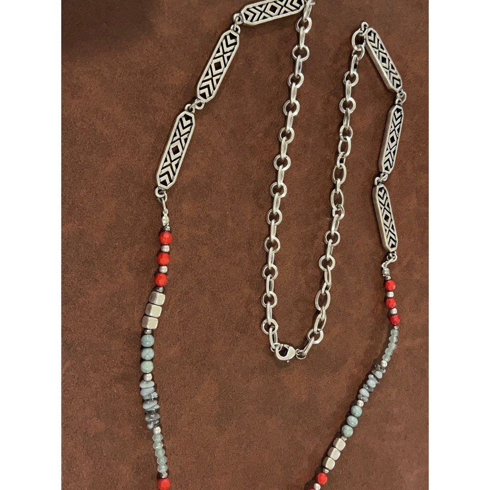 Premier Designs Necklace Womens OS Silver Red Blue Beaded Geometric Chain
